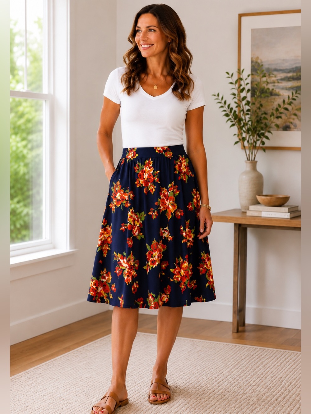 Womens XL Navy Floral A-Line Skirt Orange Floral Pull On Below Knee Swing Skirt